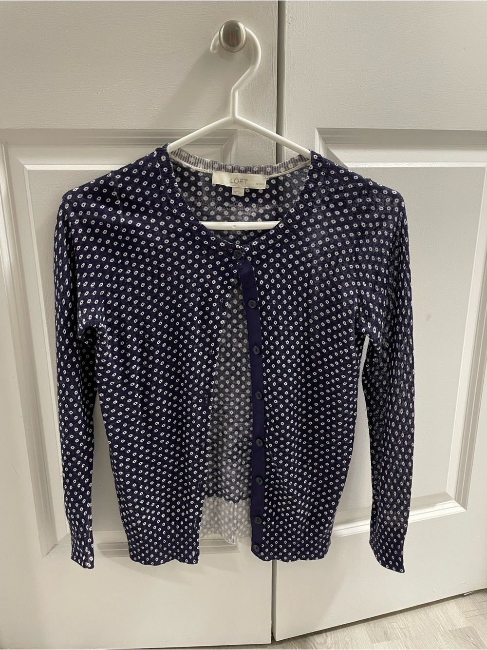 LOFT Navy and White Polka Dot Cardigan